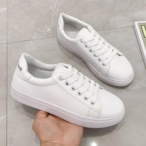 New Tenis Feminino Lace-up White Shoes Women PU Leather Solid Color Female Casual Flats Shoes Female Sneakers Shoes