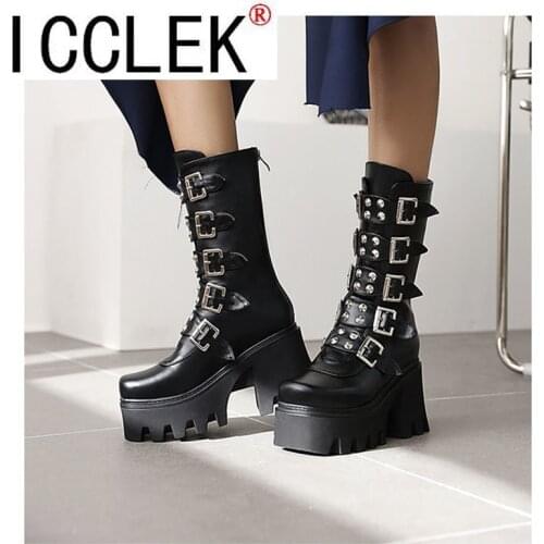 Women Knee High Boots Autumn Winter Lace Up Flat Shoes Sexy Steampunk PU Retro Buckle Women Shoes Ladies Snow Boots