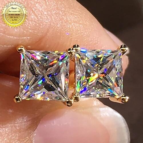 18K Au750 Gold Women Stud Earrings Moissanite Diamonds Square Princess Wedding Party Engagement Anniversary Trendy Romantic