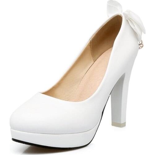 Big Size platform heels women shoes woman pumps ladies Butterfly-knot buckle with round head and shallow heel