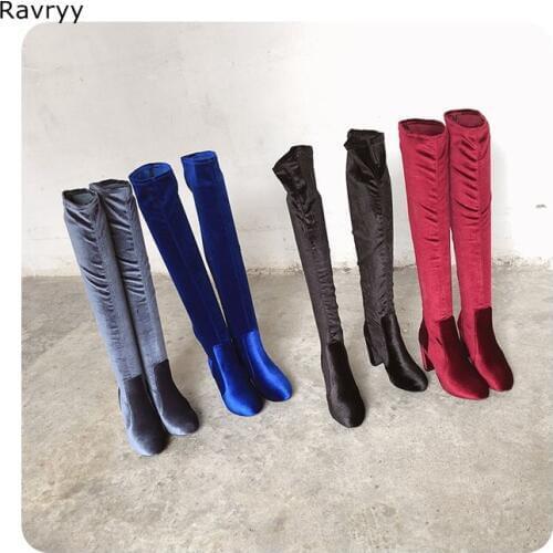 Luxury royalblue flock Woman Long Boots concise nice womens Over-the-knee Boot Thick Heel Female Shoes Autumn Winter Outfit