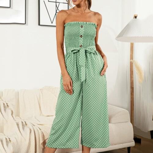 Long Strapless Backless Jumpsuit Women Elegant Bodysuit Buttoned Polka Dot Tube Top One Piece Outfits For Summer 2021 Overalls