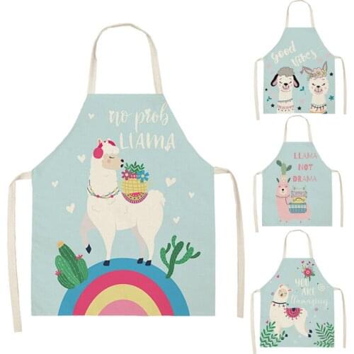 Alpaca llama Cactus Printed Cotton Linen Sleeveless Aprons Kitchen Women Pinafore Home Cooking Baking Waist Bib 66x47cm