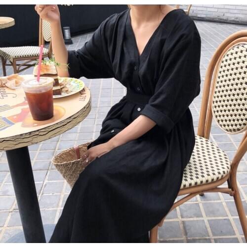 Female Loose Long Dress New Arrival Spring Summer Women Maxi Dress Single-Breasted V-Neck Casual White Dress Cotton