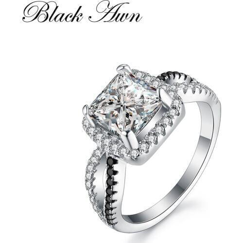 [BLACK AWN] 100% Genuine 925 Sterling Silver Ring Jewelry Square Black&White Stone Engagement Rings for Women Bague Bijoux C184