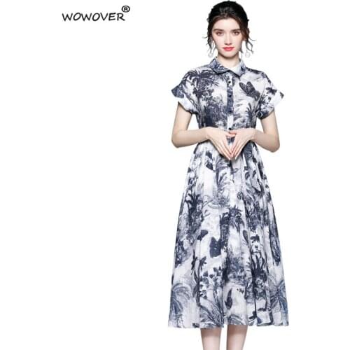 Fashion Women Shirt Collar Short Sleeve Summer Hand Painted Print Dress Runway High Quality Festa Vintage Midi Holiday Vestidos