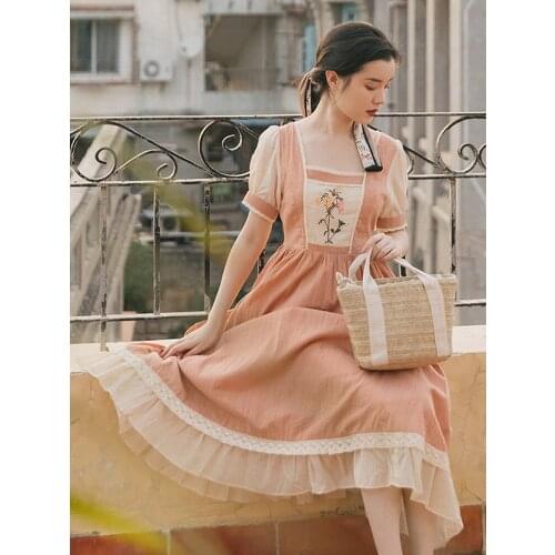 2021 Summer New Womens French Retro Girl Pastoral Style Embroidered Square Neck Puff Sleeve Long Dress Embroidered Dress
