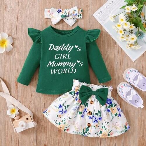 3Pcs Newborn Baby Girl Clothes Green Ruffle Top + Floral Button Skirt Long Sleeve Spring AutumnToddler Clothing Suit Outfit