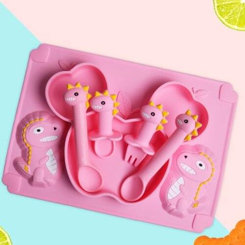 Baby Tableware Silicone Dinner Plate Baby Feeding Training Bowl Spoon Fork Cartoon Feeding Set Non-slip Drop-resistant Dishes