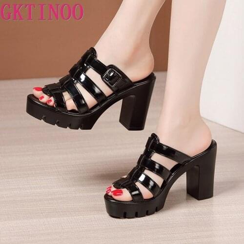 GKTINOO Peep Toe High Heels Slides Patent Leather Women Shoes Summer 2021 Buckle Platform Slippers Ladies Office Party Plus Size