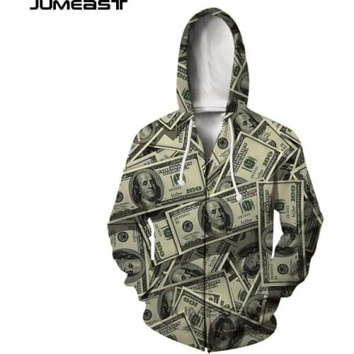 Jumeast Brand Men Women 3D Printed Money Dollar Banknote Long Sleeve Jacket Sport Pullover Fashion Spring Zipper Hoodies