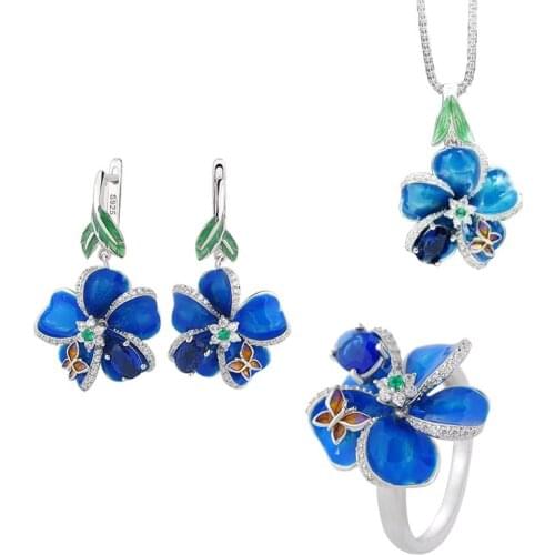 KOFSAC New Fashion 925 Silver Earrings Women Jewelry Sets Exquisite Enamel Butterfly Love Flower Necklaces Rings Girl Best Gifts