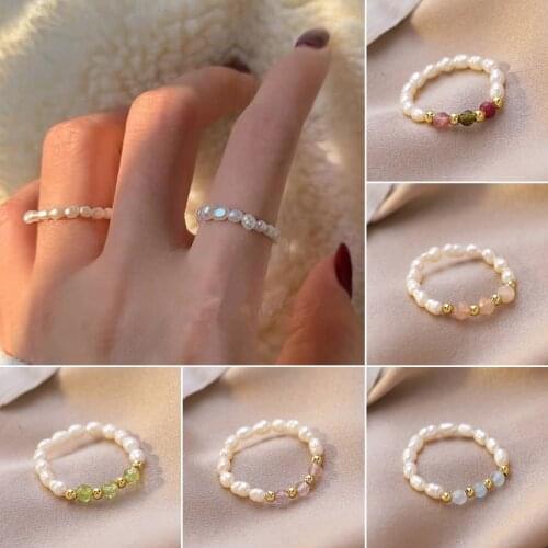 Kpop Cute Multi Beaded Imitation Pearl Colorful Crystal Adjustable Rope Chain Rings For Women Continuous Circle Minimalist Ring