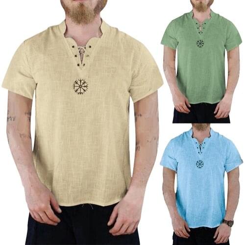 Men Casual Solid Color Bandage V Neck Short Sleeve Embroidery Cotton Linen Shirt