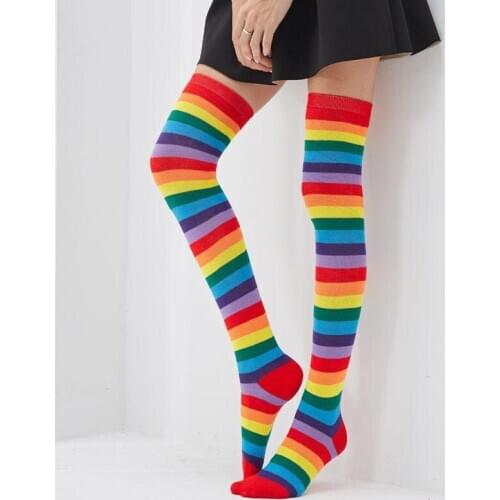 2020 Winter New Europe Fashion Women Stockings Cotton Rainbow Hit-Color Sporty Above Knee Hiphop Stripe Skateboard Stocking