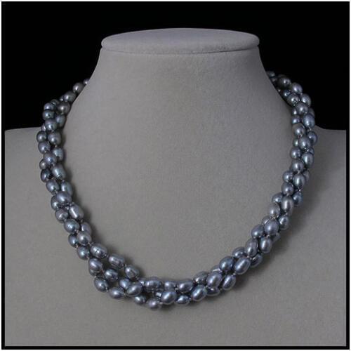 Handmade Real Pearl Jewellery 3 Rows Gray Color AA 6-7MM Rice Freshwater Pearl Necklace 18'' Magnet Clasp