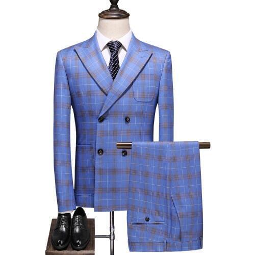 Asian size Luxury plaid 3 piece suits men 2020 Double Breasted print wedding suits for men slim fit business blazers plus size