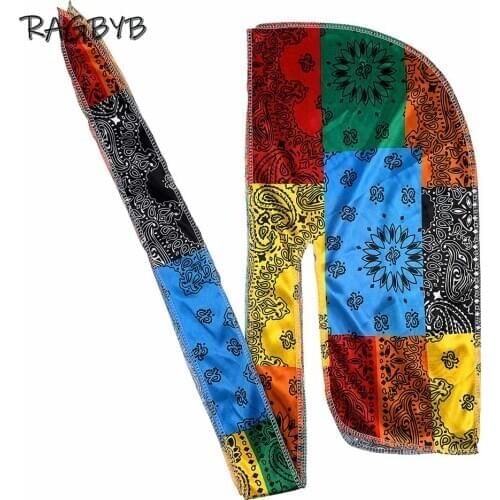 Fashion Men Silk Durag Paisley Printing Silky Durags Bandanas for Men Long Straps Headwear Head Scarf Wave Cap Headwrap Durags