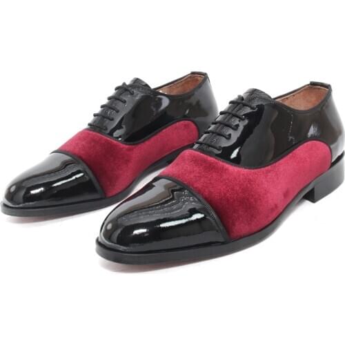 SHENBINS Handmade Oxford Shoes with Black Rugan and Burgundy Velvet, Genuine Leather Soles, Mens Shiny Fashion Party Footwear