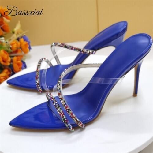Jeweled Narrow Band Party Sandals Women For Girls 10cm Thin High Heels PVC Transparent Slingbacks Runway Mules Ladies