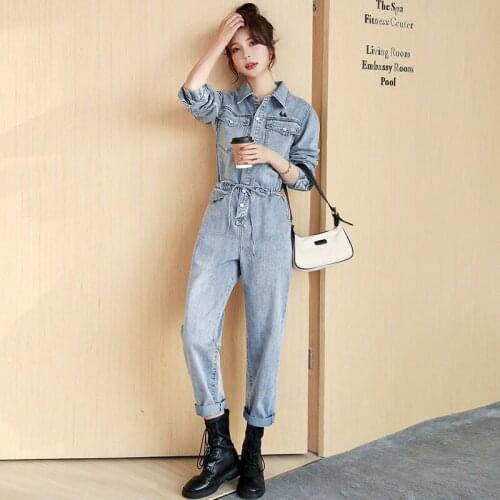 Women 2021 Spring Autumn Fashion Casual Wide Leg Jeans Jumpsuits Female Long Sleeve Denim Overalls Ladies Vintage Rompers Y157