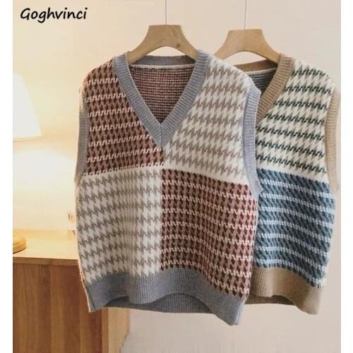 Women Spring Sweater Vest Vintage Korean Style Fashion Autumn Knitted Warm All-match Plaid Contrast Elegant Students Leisure New
