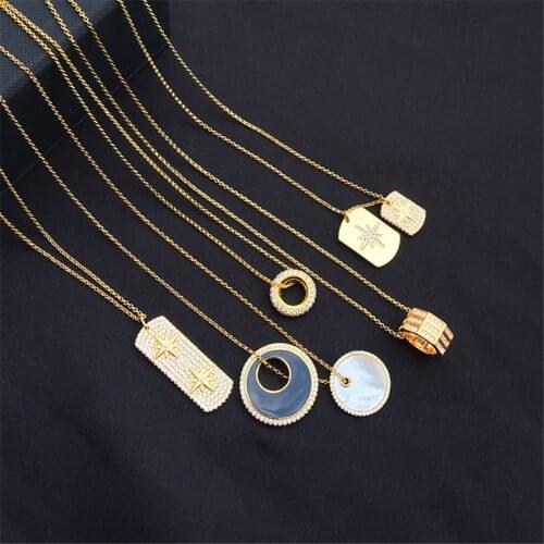 S925 sterling silver new golden star-mang square pendant necklace female round blue mother-of-pearl sweater chain