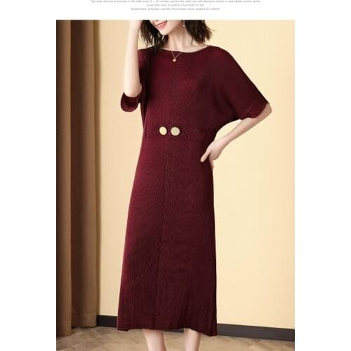 HOT SELLING Miyake short sleeve o-neck fold solid Lace Button Pleated dress fashion IN STOCK