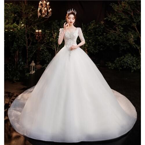 New Romantic Sweet Shiny Long Train Lace Princess Wedding Dress With Sleeves Appliques Sequined Bride Gowns Vestidos De Noiva