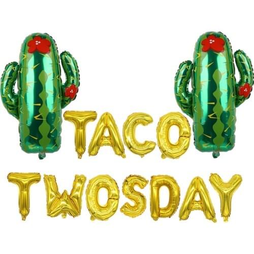 13pcs/lot 16inch Gold Silver Cactus Goblet Letter "TACO TWOSDAY" Aluminum Balloon Mexican Carnival Summer baby Party Decoration