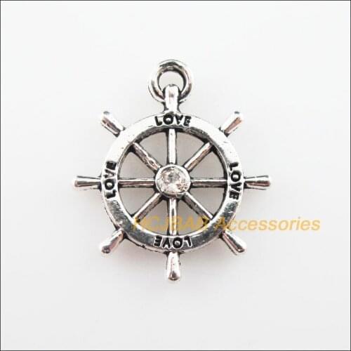 15Pcs Tibetan Silver Color Clear Crystal Love Rudder Charms Pendants 20x22mm