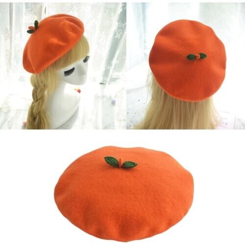 Women Kids Winter Faux Wool Stretchy Beret Cap with Cute Green Leaves Japanese Kawaii Cartoon Orange Fruit Painter Hat