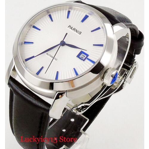 Simple Fashion 41mm Mens Watch PARNIS Top Brand Self Winding Wristwatch White Dial Auto Date Sapphire Glass