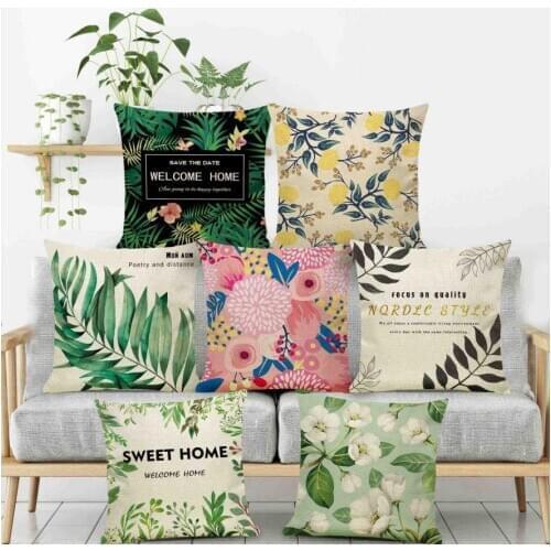 Nordic Cushion Cover Green leaf flowers Decorative Pillows Case Linen Cotton Creative Home Decoration for Sofa countryside