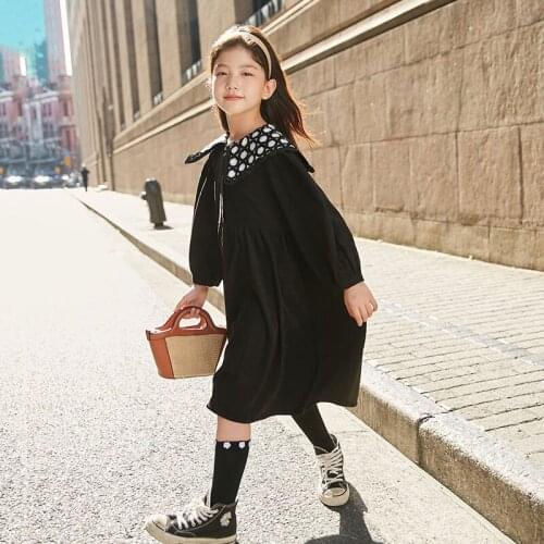 Girls Black Dots Collar Cotton Maxi Long Causal Dresses Children Teenage Long Sleeve Dress Kids Clothing 6 8 10 12 14 16Year