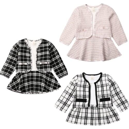 2020 Fashion Baby Girls Clothes Sets Birthday Long Sleeve Plaid Coat Tops+Dress 2Pcs Party Warm Outfit 1-6Y