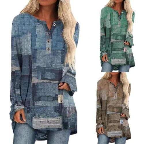 3 Colors Printed Fashionable Simple Shirt Small V-neck Retro Style Printed Buttons Long Sleeve Women Shirt for Antumn Going Out