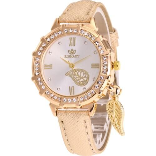 Fashion Simple Women Roman Numbers Rhinestone Inlaid Round Leaf Charm Women Faux Leather Band Round Quartz Wrist Watch Gift Lad