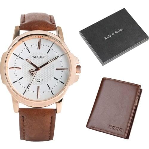Men Watch Wallet Set Chic Quartz Roman Numerals Dial Clock Brown Leather Strap Pin Buckle Male Purse Gifts Set for Husband Man