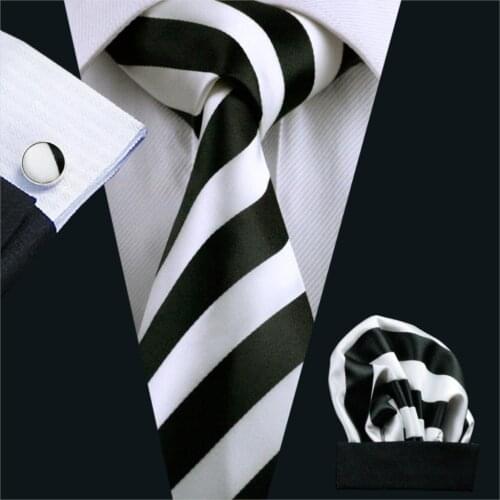 FA-276 Men`s Tie White Stripe Silk Jacquard Woven Classic Tie Hanky Cufflinks Set For Men Business Wedding Party Free Shipping