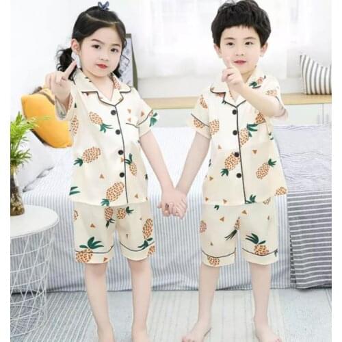 New Children Pajamas Set Summer Cartoon Unisex Sleepwear Silk Short Sleeve Kids Cardigan Suit Casual Boy Lounge Girls Tracksuit