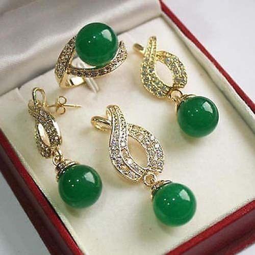 Wholesale good Jewelry 12mm Green gem Pendant Necklace Earrings Ring set Genuine 18inch for Wedding women Jewelry Free