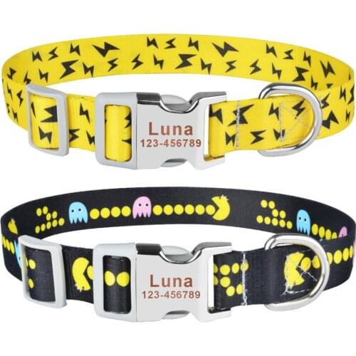 Personalized Pet Collar Custom Puppy Name Plate Adjustable Funny Cartoon Lightning Game Fans Basic Cat Dog Collars