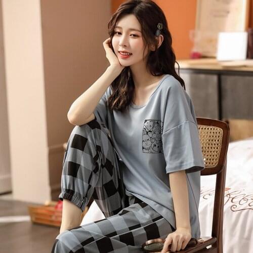 Pajamas Women Summer Thin Short-Sleeved Trousers Pijamas 2 Piece 2021 New Casual Home Clothes Girl Cute Cartoon Cotton Sleepwear