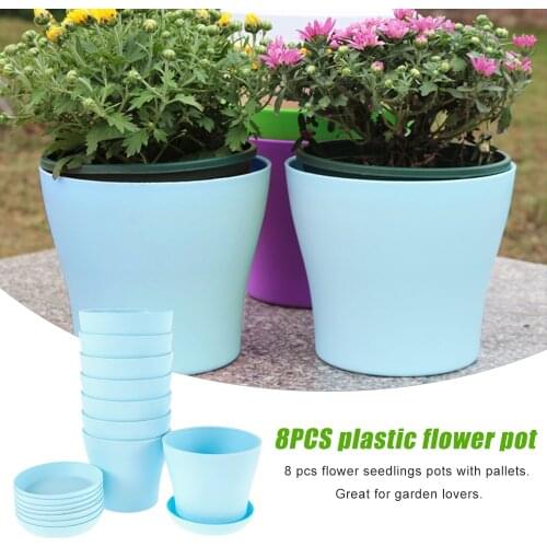 8 Pcs/set Resin Plastic Flowerpot Garden Plants Flower Pot Home Garden Decoration with A Saucer Tray Drainage Holes Plant Pots