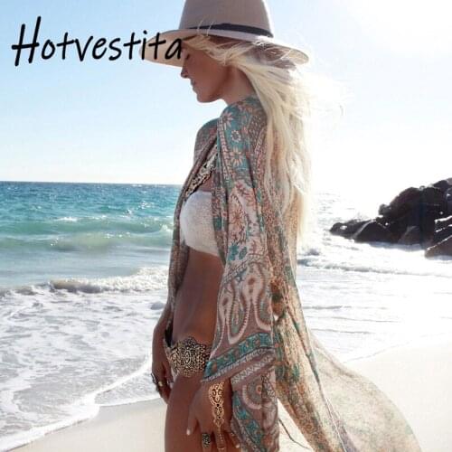 Hotvestita Summer Beach Maxi Dress Women Sexy Chiffon Print Long Sleeve Robes Kaftan Cover Up Cardigan Loose Bikini Sarong Veil