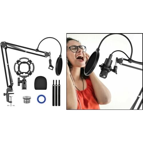 Microphone Arm Stand, Adjustable Suspension Boom Scissor Mic Stand, 3/8" to 5/8" Adapter, Mic Clip, Upgraded Heavy Duty Clamp