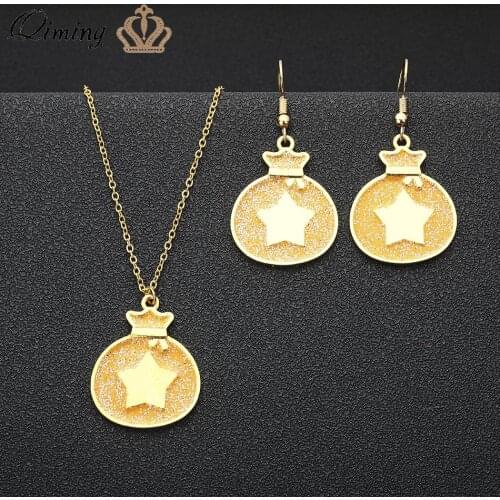 QIMING Gold Glitter Bell Bag Pendant Necklace Lucky Jewelry Set Women Pary Halloween Gift Drop Earrings Girls