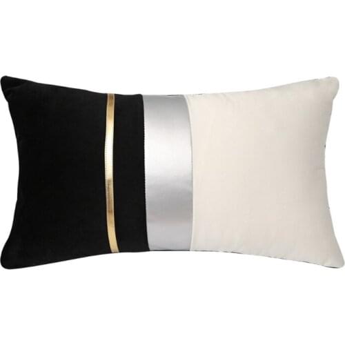 Modern Color Block Patchwork Velvet Throw Pillow Case with Striped Faux Leather Luxury Decorative Cushion Cover