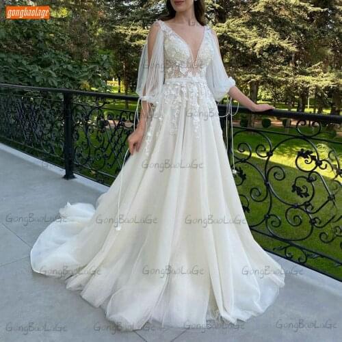 Sexy V Neck Wedding Dresses 2021 Backless Vestido De Noiva Tulle Lace Appliques Beading Abiti Da Sposa Custom Made Bride Gowns
